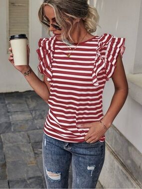 LIKE NEW SHEIN LUNE Striped Print Butterfly Sleeve Tee - Burgundy/White - Sz M
